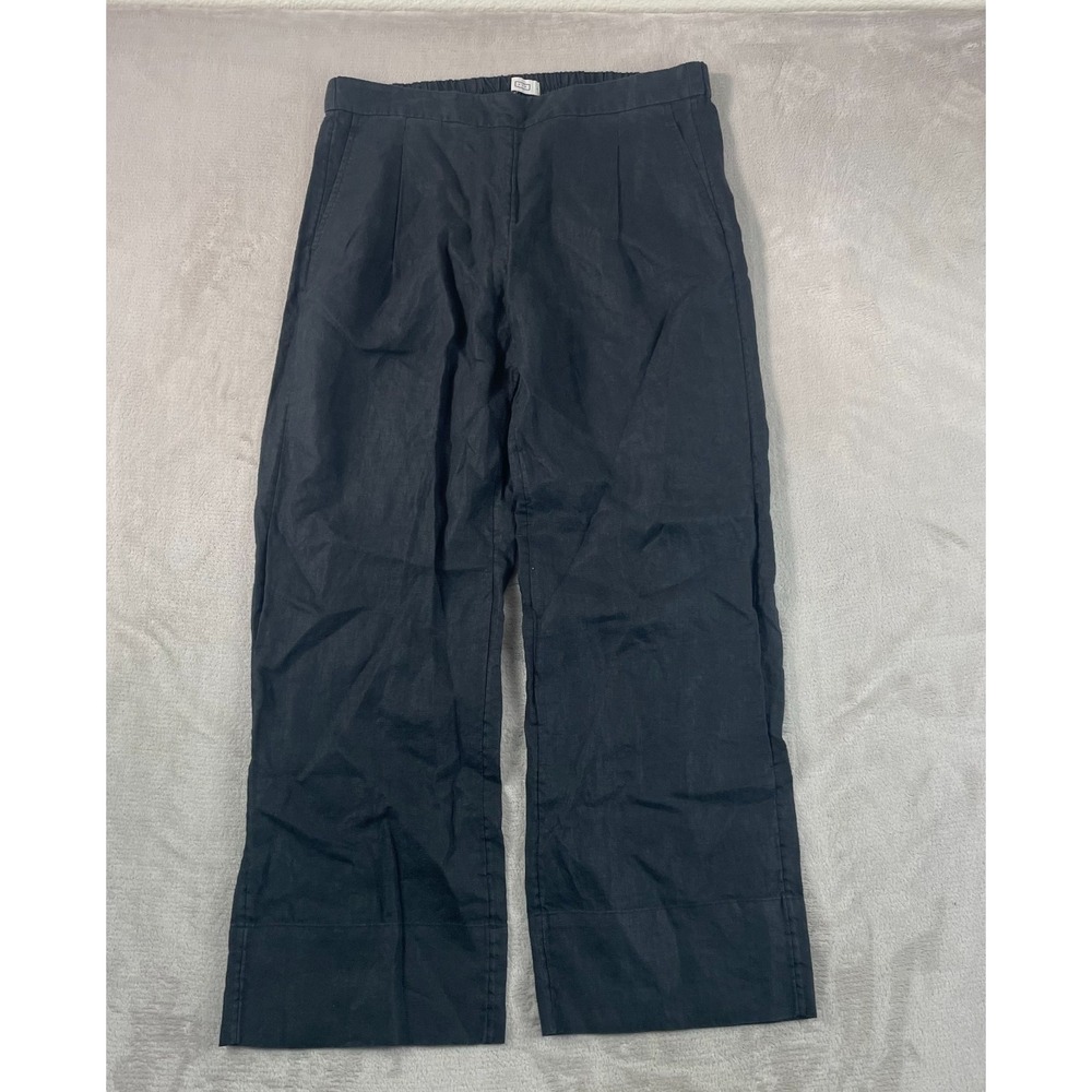 AYR Wide Leg Pants Women Large Black 100% Linen Elastic Waist Pull On Designer